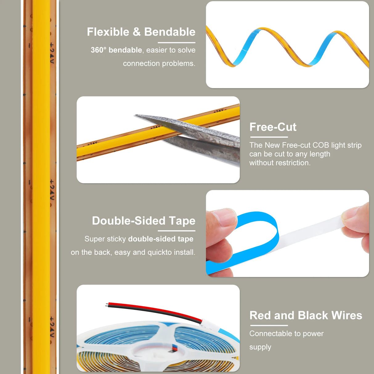 Ultra-Slim 5mm COB LED Strip Light - 12V 24V 400 LEDs/M Flexible Ribbon
