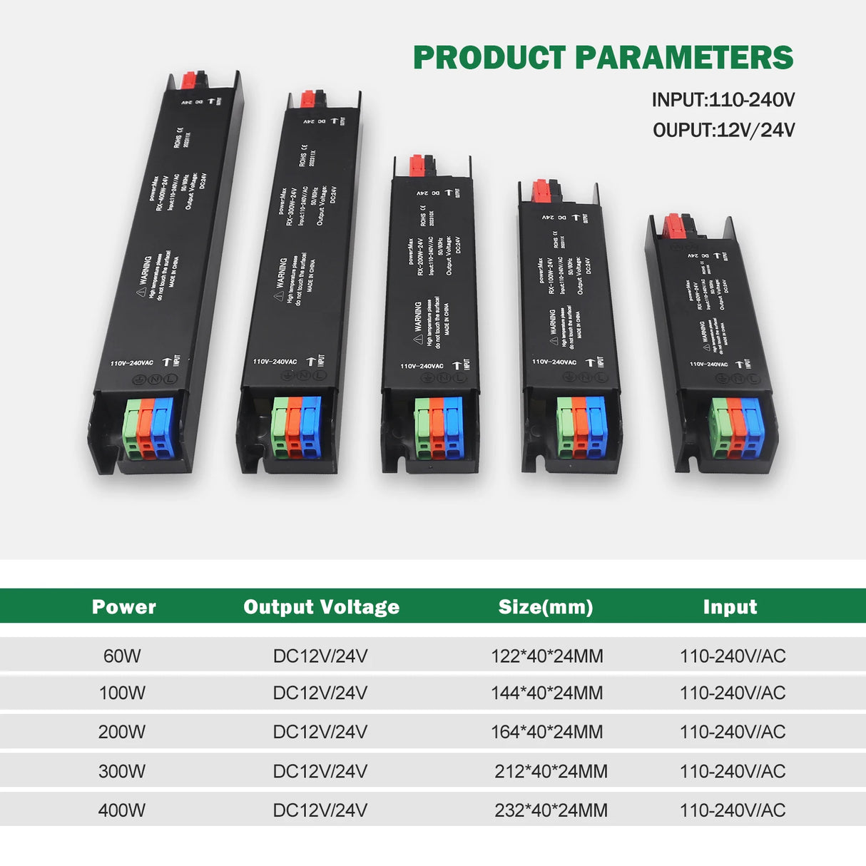 Ultra-Thin LED Power Supply - 12V / 24V DC Lighting Transformer (60W-400W)