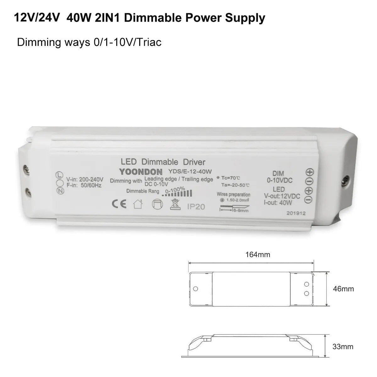 AC 220V Dimmable LED Driver DC12V/24V 20W 40W 60W Triac & 0-10V Dimming 2in1 Power Supply Lighting Transformer