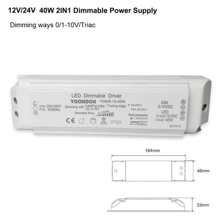 AC 220V Dimmable LED Driver DC12V/24V 20W 40W 60W Triac & 0-10V Dimming 2in1 Power Supply Lighting Transformer