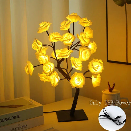 Novelty 24 LED Rose Flower Tree Lights USB Table Lamp Fairy Night Lamp Home Party Christmas Wedding Bedroom Decoration Gift