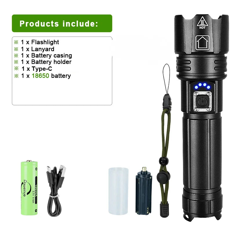 New Super Flashlights Torches Ultra Powerful Flashlight USB Recharge Flash Light 12000MAh LED Flashlight Zoom Tactical Lantern