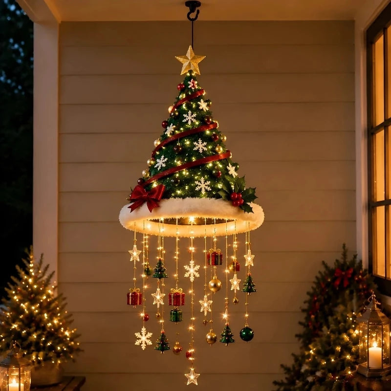 Christmas Santa Hat Hanging Light LED Lamp with Christmas Pendants Winter New Year Party Home Wall Ceiling Decor Ornament