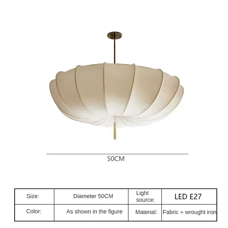 Nordic Japanese Wabi-Sabi Paper Umbrella Fabric Chandelier - French Retro Ceiling Pendant Light Fixture for Bedroom, Living Room & Home Decor