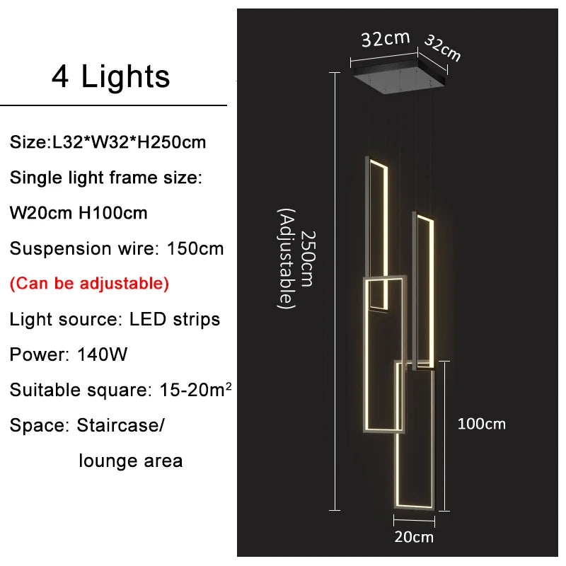 Large Modern Chandelier For Staircase Led Home Decors Hanging Lamp Black /Gold Indoor Lighting Luxury Creative Rectangle Luster&#39;s