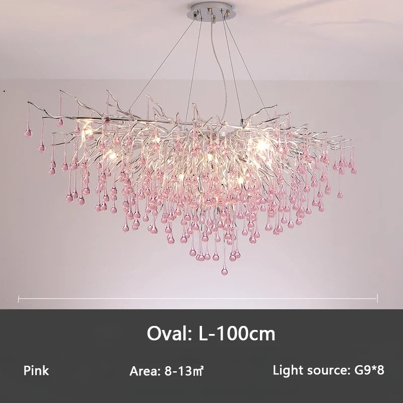 Pink Crystal Chandelier Creative Waterdrop Luxury Living Room Lights Modern Home Indoor Decor Bedroom Dining Room Pendant Lamps