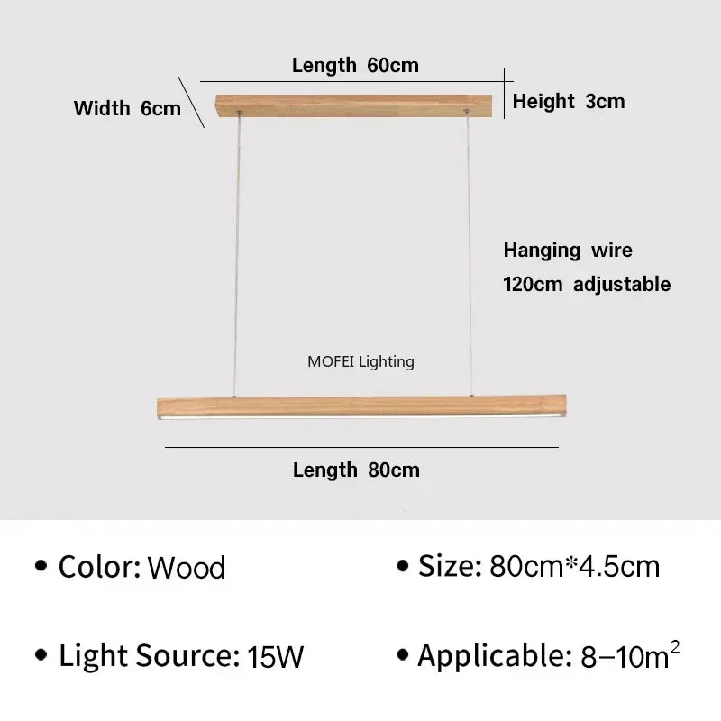 Nordic Long Wood Strip LED Pendant Light Dining Table Lamp Minimalism Suspension Chandelier Living Dining Room Lighting Fixture