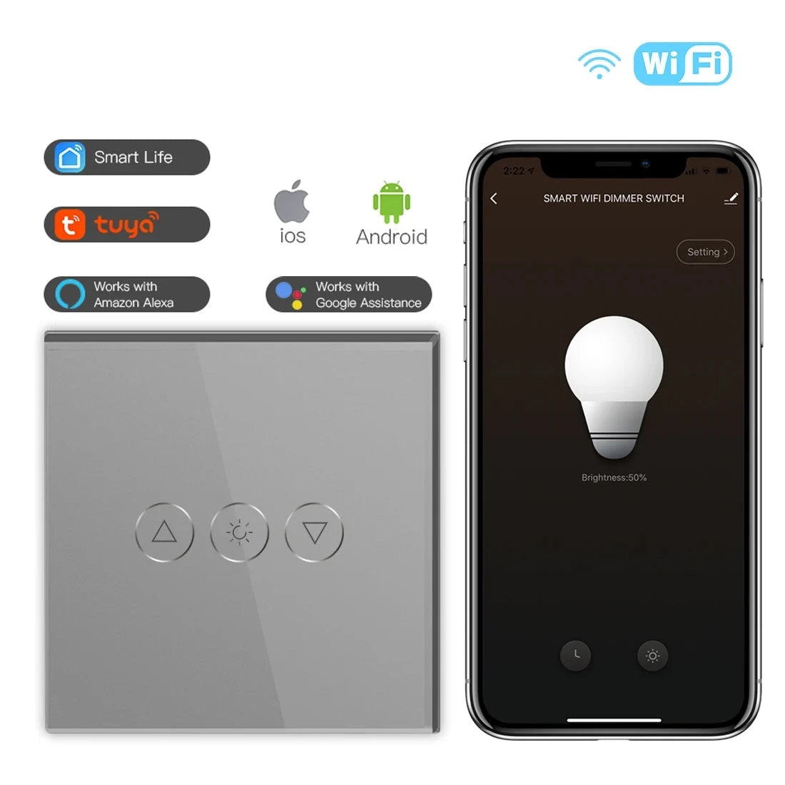 LED EU Touch Wifi Light Dimmer 1 Gang Smart Wireless Wifi Dimmer White Black Golden Colors For Smart Home