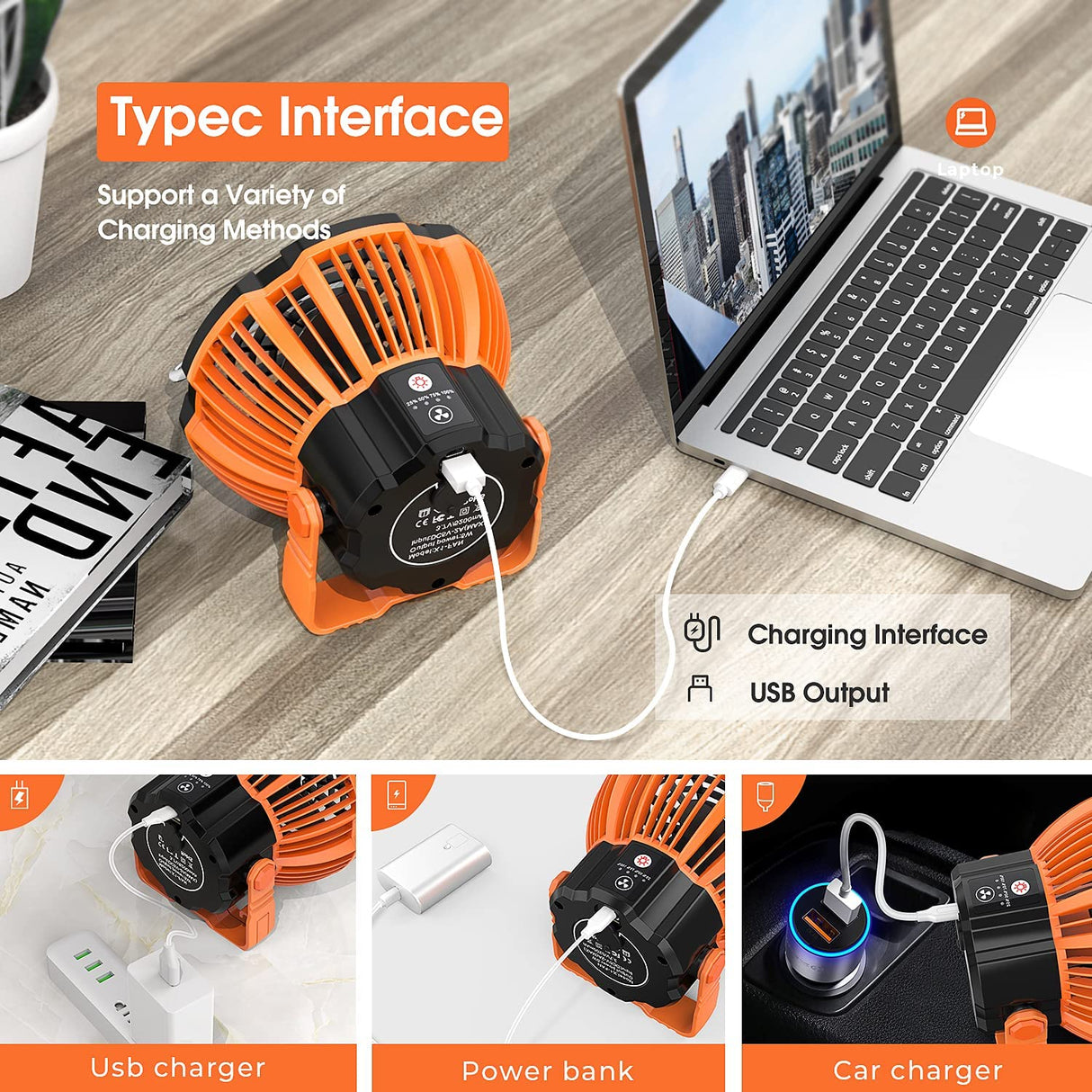 D2 Portable Camping Fishing Fan 2 in 1 LED Lamp Flashlight 3-Speed Outdoor USB Rechargeable Tent Fan Hanging Hook Torch Lantern