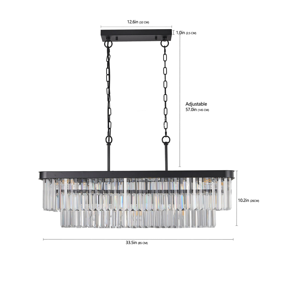 33.5 Inch ceiling lamp,Rectangular Black Crystal Chandelier Adjustable,E12 Modern Industrial Crystal Lights (Bulb Not Included)