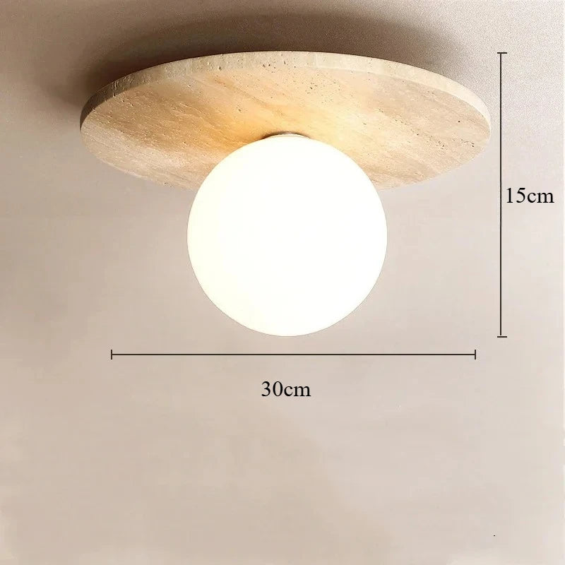 High Quality Natural Stone Ceiling Light Travertine Downlight with Glass Ball Wabi Sabi Milk Oil Wind Home LED Ceiling Ligh
