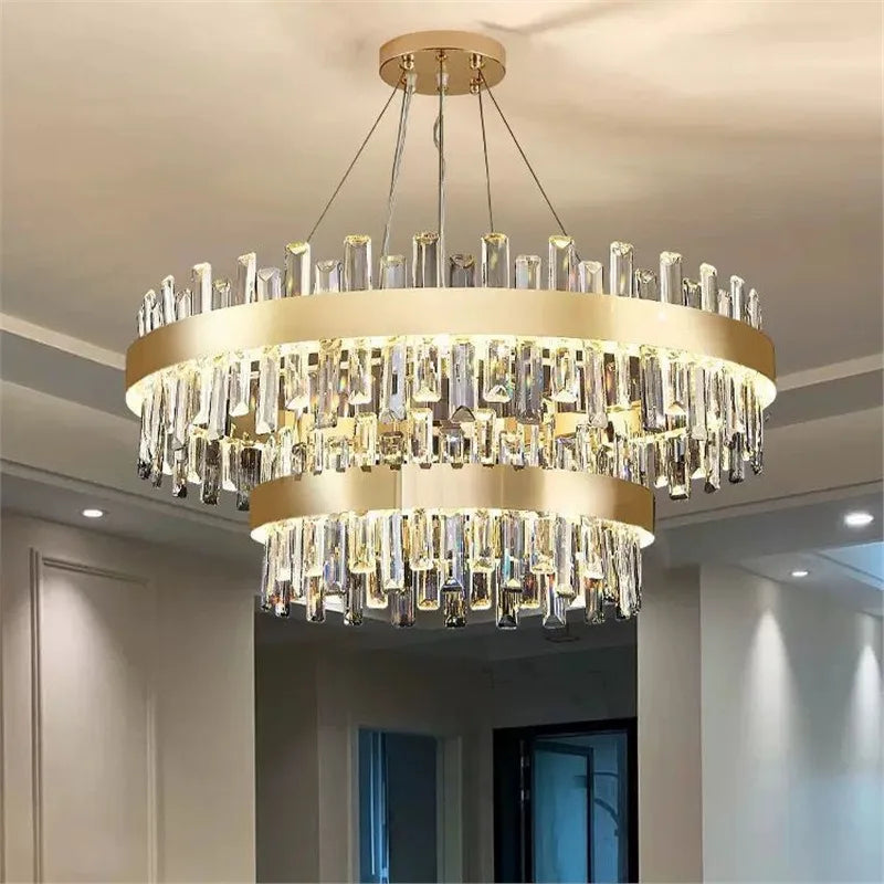 Luxury Double-Layer Round Crystal Chandelier (Golden Finish) - Modern Tiered Ceiling Pendant Light Fixture for Living Room, Bedroom & Dining Room