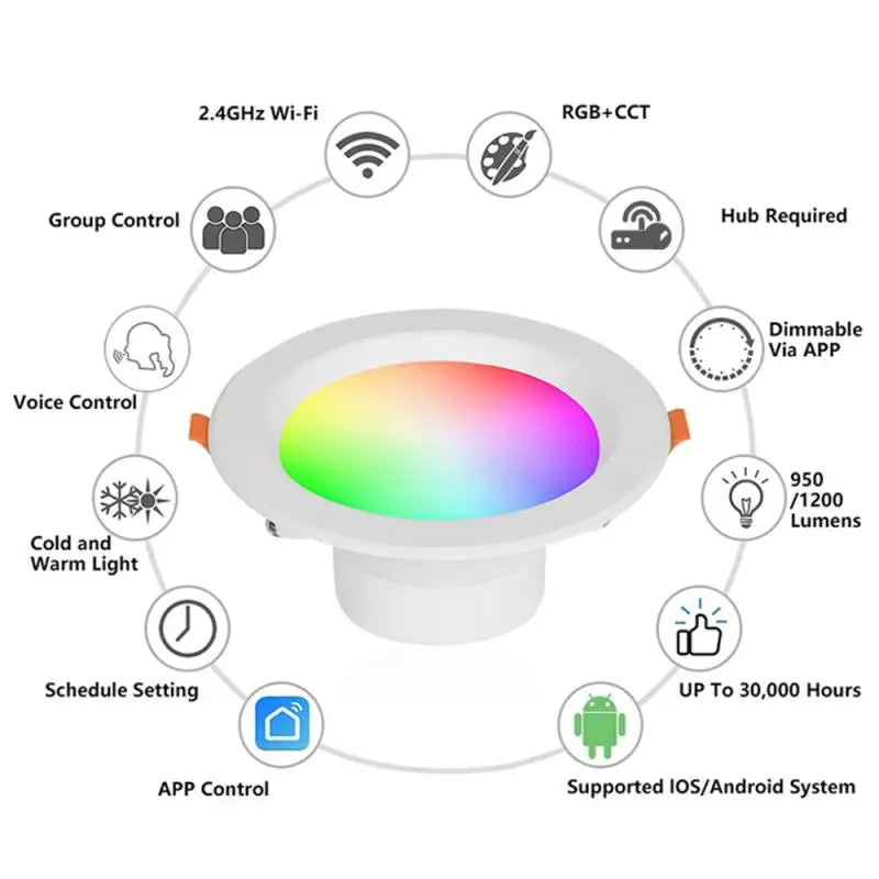 Smart Downlight 9/12/15W Full Color Dimming RGBCW Led Recessed Ceiling Light via APP Remote/Voice Control