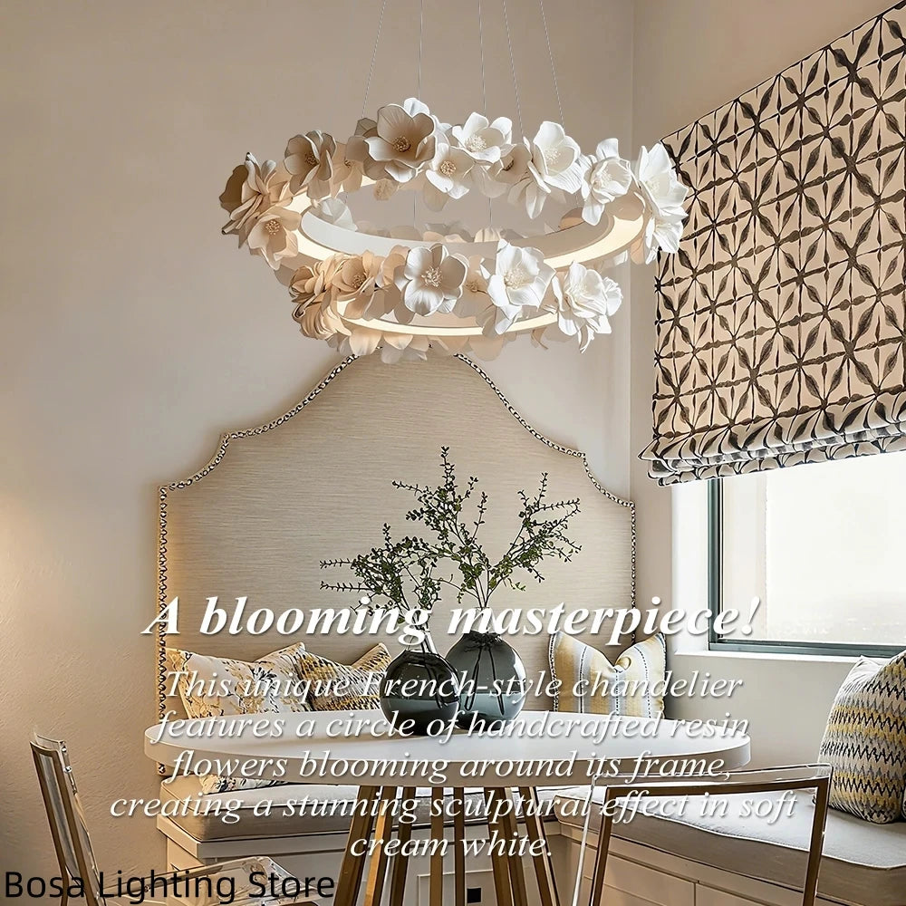 French Round Floral Pendant Lamp Cream Style Resin Hanging Light Parlor Bedroom Office LED Dining Room Double Layer Chandelier
