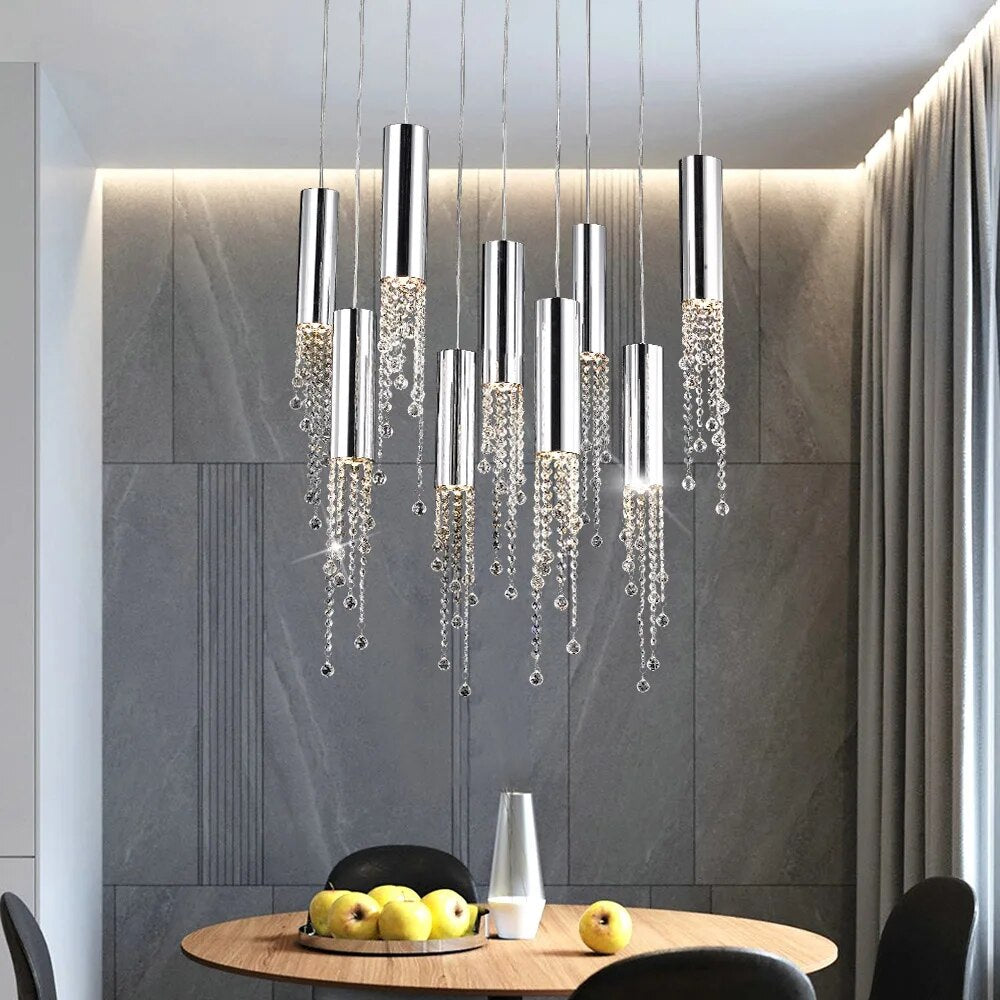 Modern Chrome Crystal LED Chandelier Luxury Large Cristal Staircase Hanging Fixture For Hallway Lobby Long Indoor Ceiling Lustre
