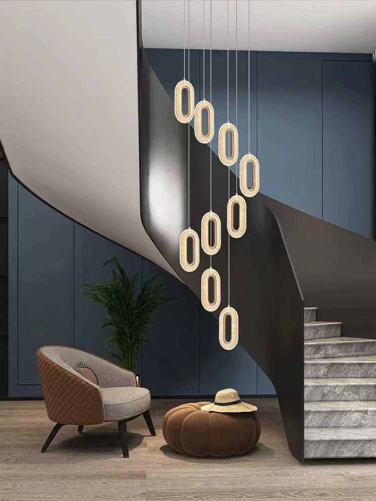 Modern LED Luxury Pendant Light Hanging Elliptical Staircase Chandelier Villa Living Room Pendent Lamp Kitchen Decorative Light
