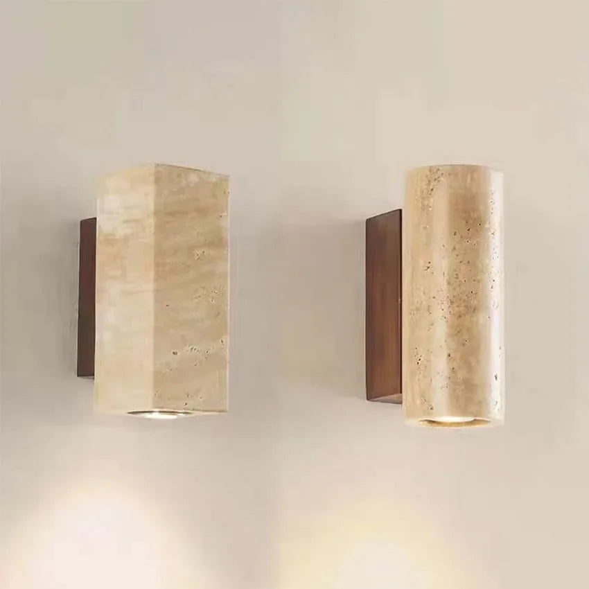 Wabi-Sabi Yellow Travertine Marble LED Wall Sconce - Japanese Natural Stone Minimalist Wall Lamp for Bedroom Bedside, Living Room & Corridor