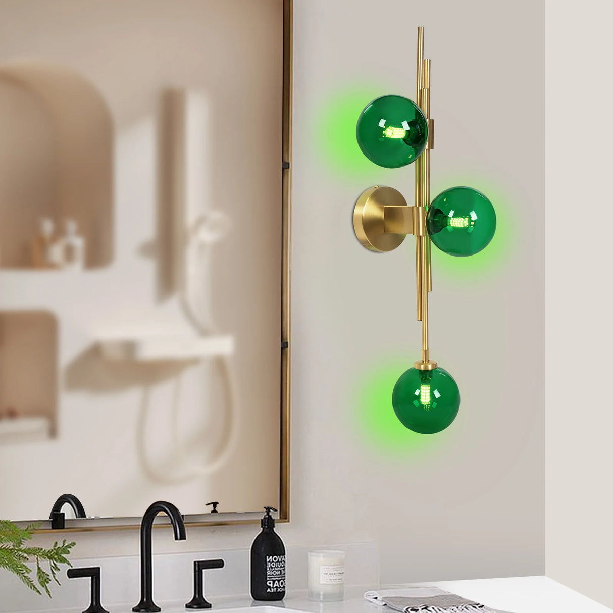 Emerald Green Glass Wall Lamp with Gold Finish, 3 G9 LED Bulbs Included 2700K Warm Light for Bedroom Living Room, Indoor Wall