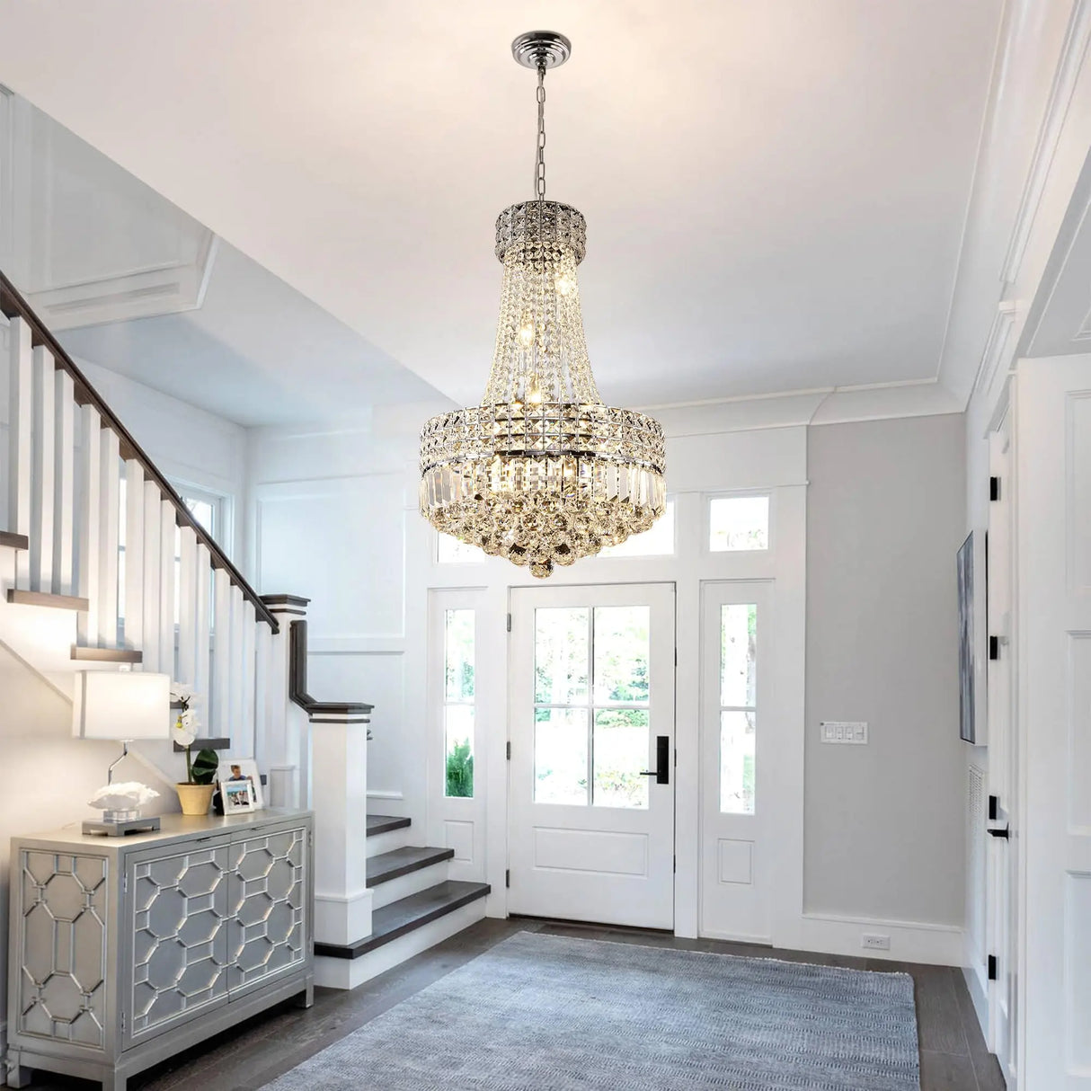 Chrome Modern Crystal Chandeliers Light Fixture,6-Light Empire Style K9 Crystal Chandeliers for Entryway