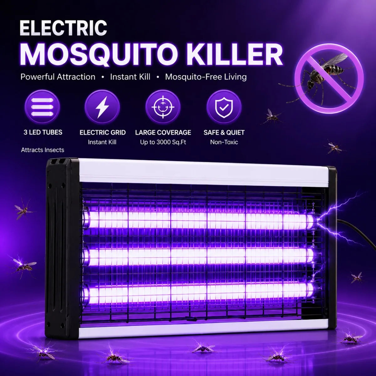 Electric Mosquito Killer Lamp with 3 LED Tubes - Powerful Bug Zapper & Indoor Fly Trap Insect Repellent (EU/US Plug)