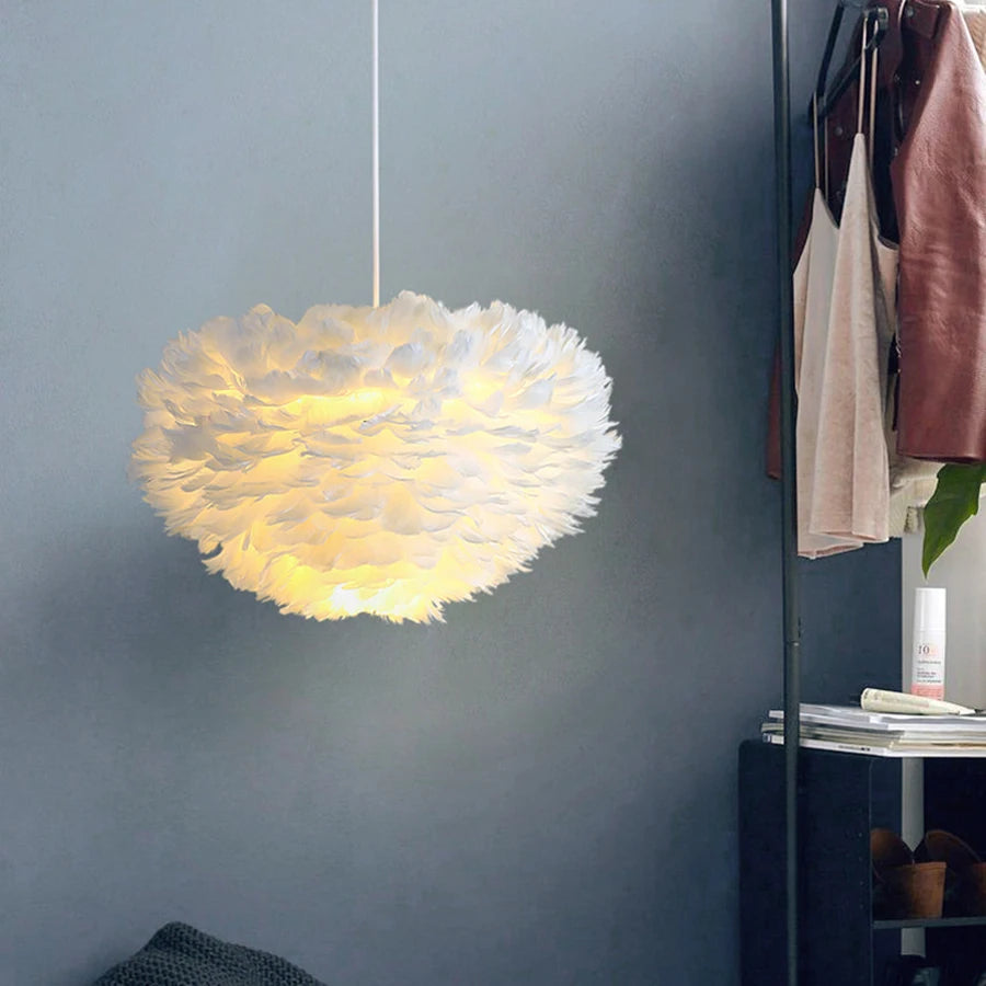 Nordic White Feather Lamp, Nordic Bedroom Lamp, Cozy Romantic Bedside Decor Pendant Light Cover