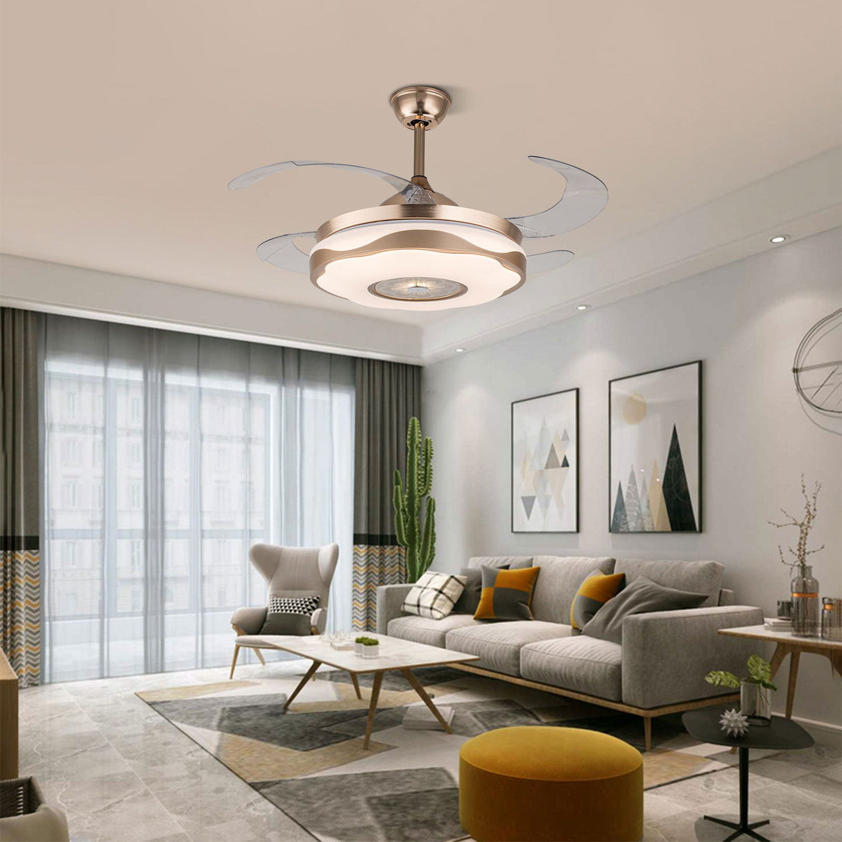 LED Ceiling Fan Light Chandelier 4 Retractable Blade + Remote Control