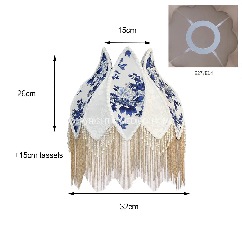 Home French Retro Blue And White Porcelain Floral Lampshade With Pearl Tassel Luxury Desk Lamp Shade Floor Pendant Light