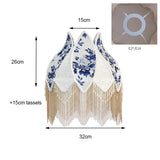Home French Retro Blue And White Porcelain Floral Lampshade With Pearl Tassel Luxury Desk Lamp Shade Floor Pendant Light