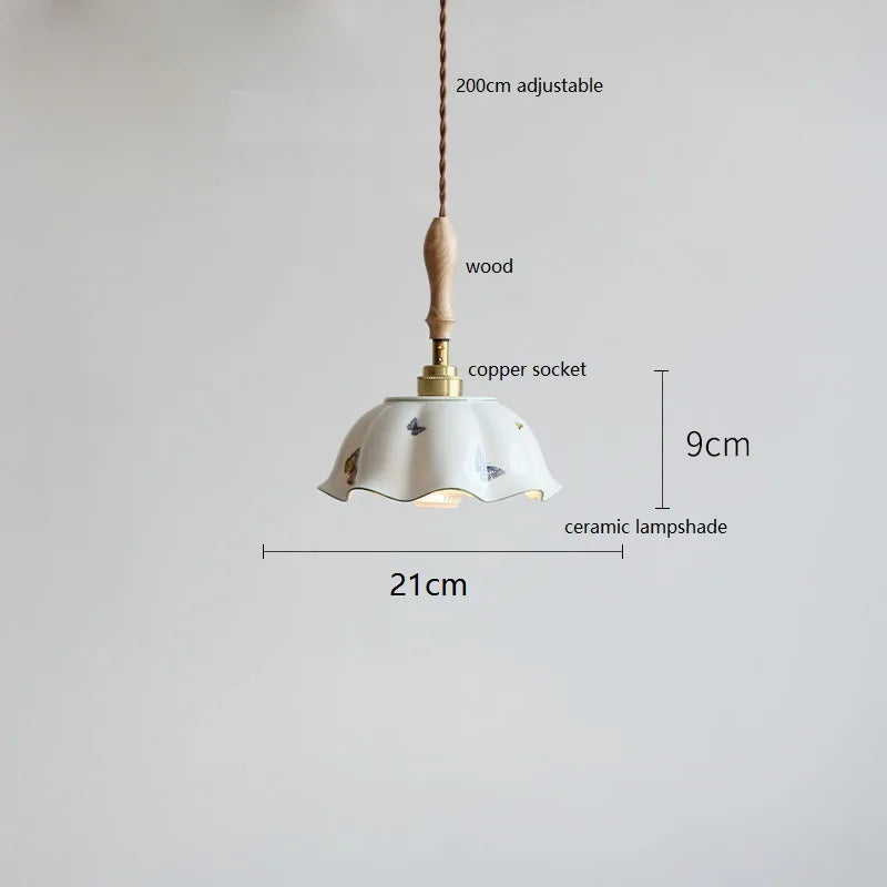Butterfly Ceramic LED Pendant Lamp Beside Wooden Handle Copper Socket Home Decors Bedroom Dining Living Room Light Hang lamp