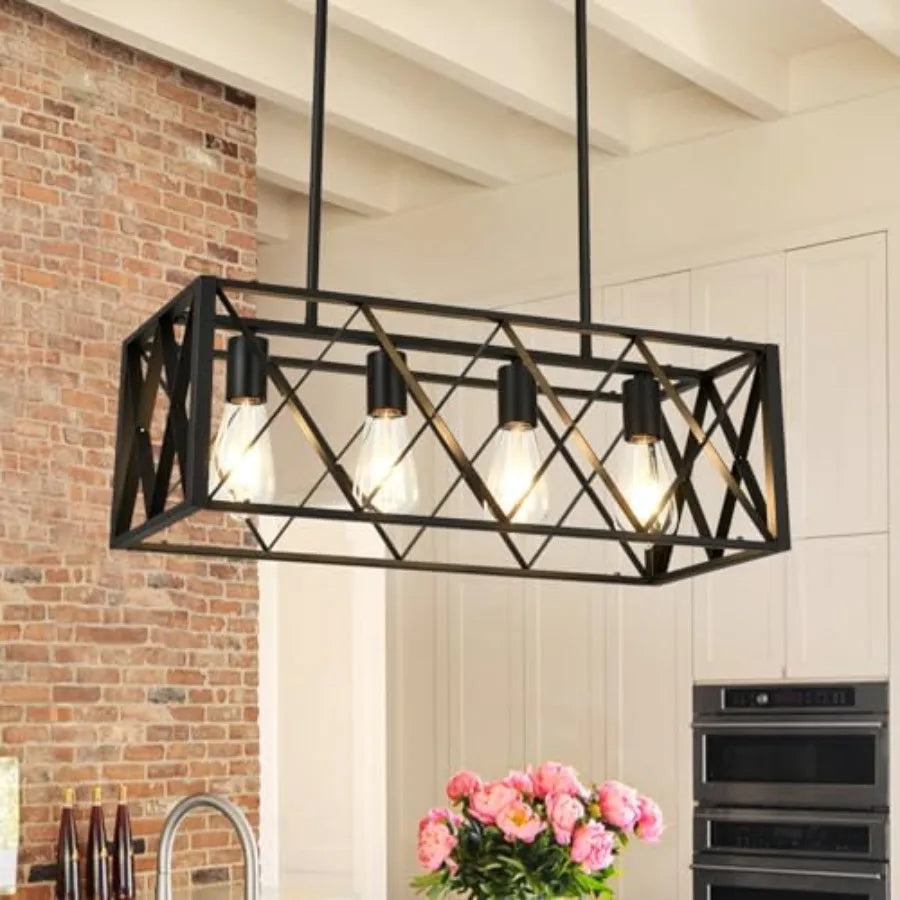 Black Farmhouse Chandeliers for Dining Room Light Fixture Rectangle Kitchen Island Pendant Lighting 4-Light Metal Industrial Li