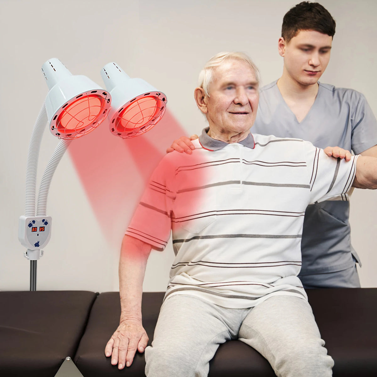 Red Light Therapy LED Electric Infrared Baking Lamp 275W Double-head 360° Adjustable Temperature Heat Lamp Remote Control With Rotating Pulley Base