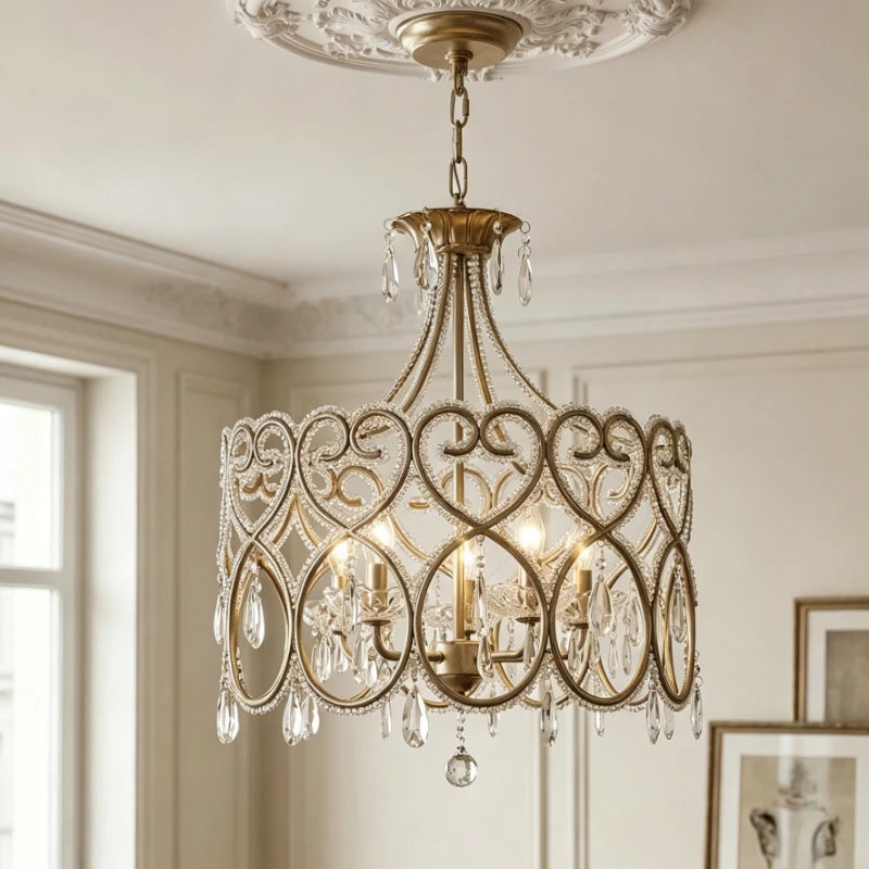 French French Crystal Candle Chandelier (Solid Copper) - Romantic Vintage Pendant Light Fixture for Living Room, Bedroom & Home Decor