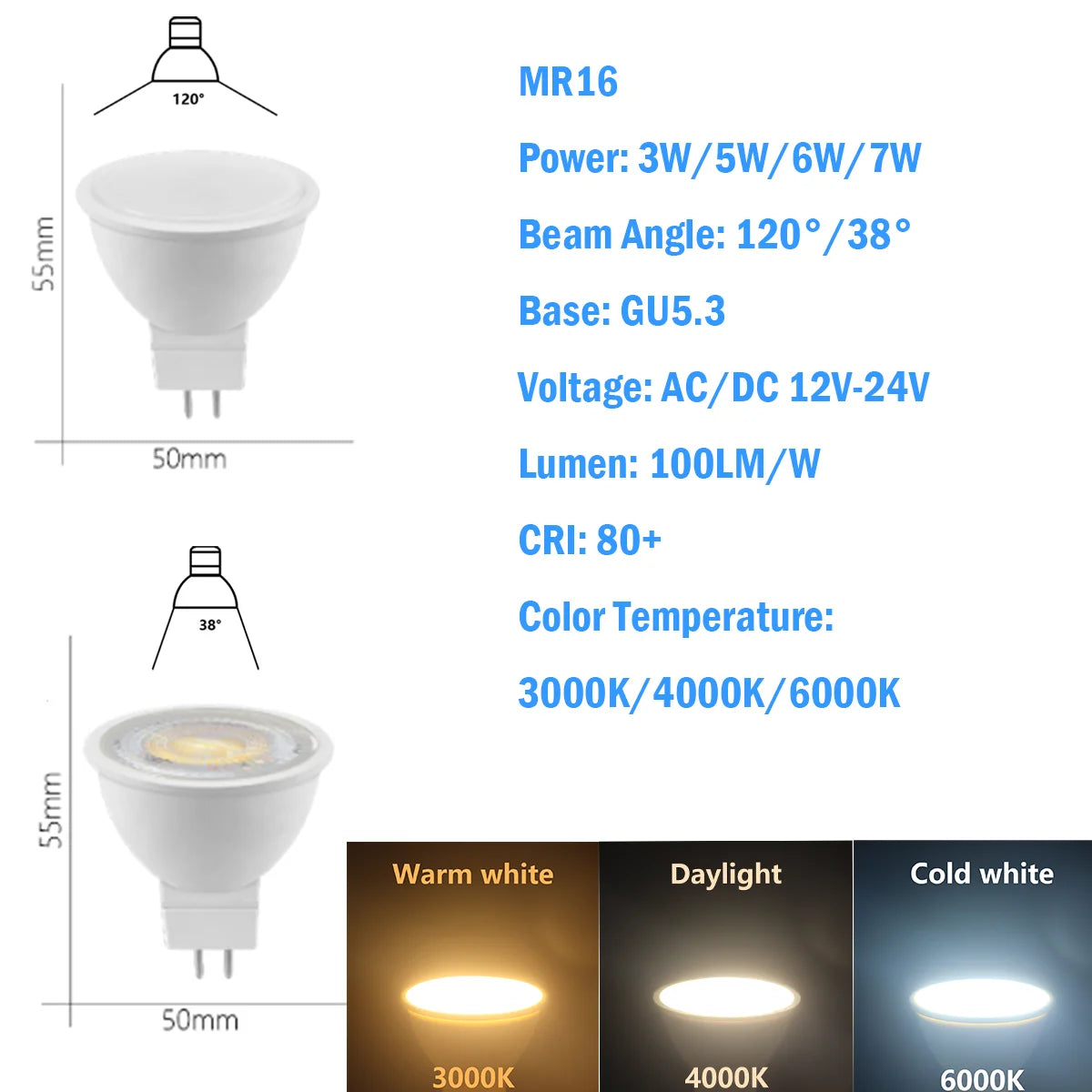 LED Spotlight MR16 12PCS GU5.3 Low Voltage AC/DC12V-24V  3-7W 120/38 Degree Warm White Light No Flicker for Home and Office