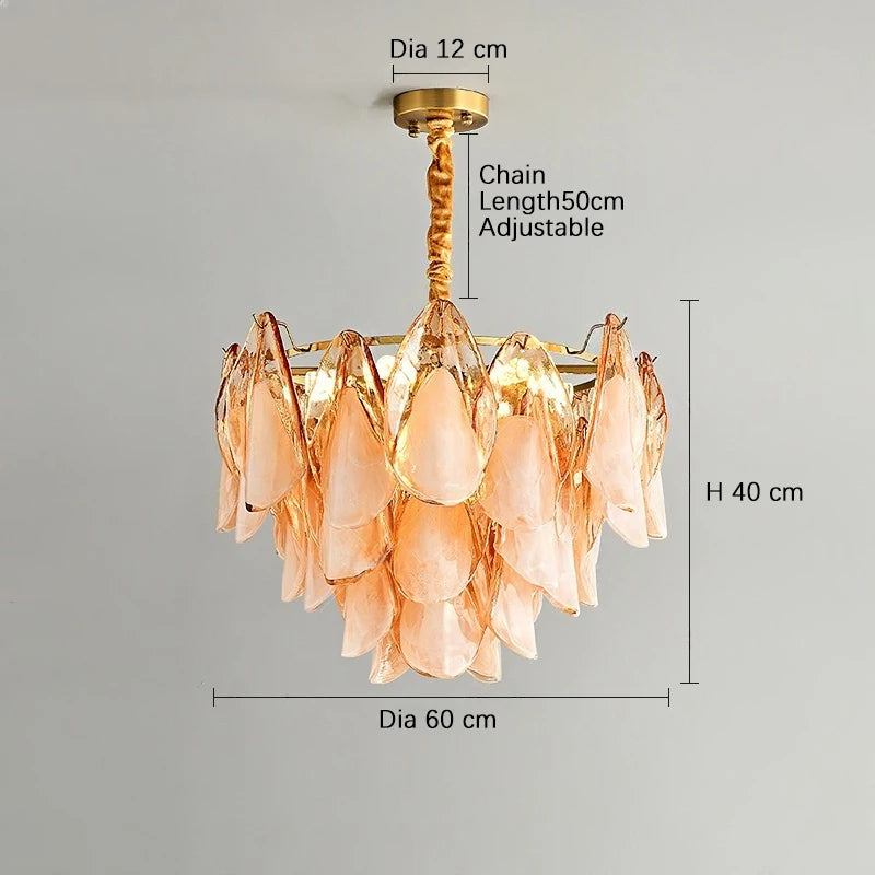 2025 New Designer Petal Shape Glass Chandelier Dimmable Stainless Steel Pendant Lamp Adjustable Ceiling Luster for Living Room