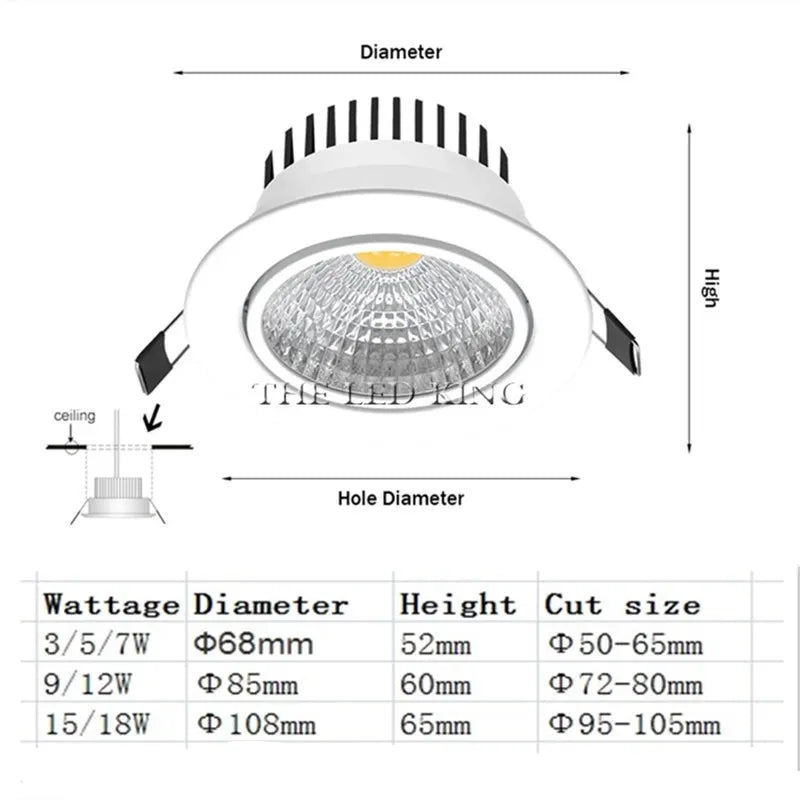 Bright Recessed LED Dimmable Round Downlight COB 3w 5W 9W 12W 18W LED Spot light decoration Ceiling Lamp AC 110V 220V black body
