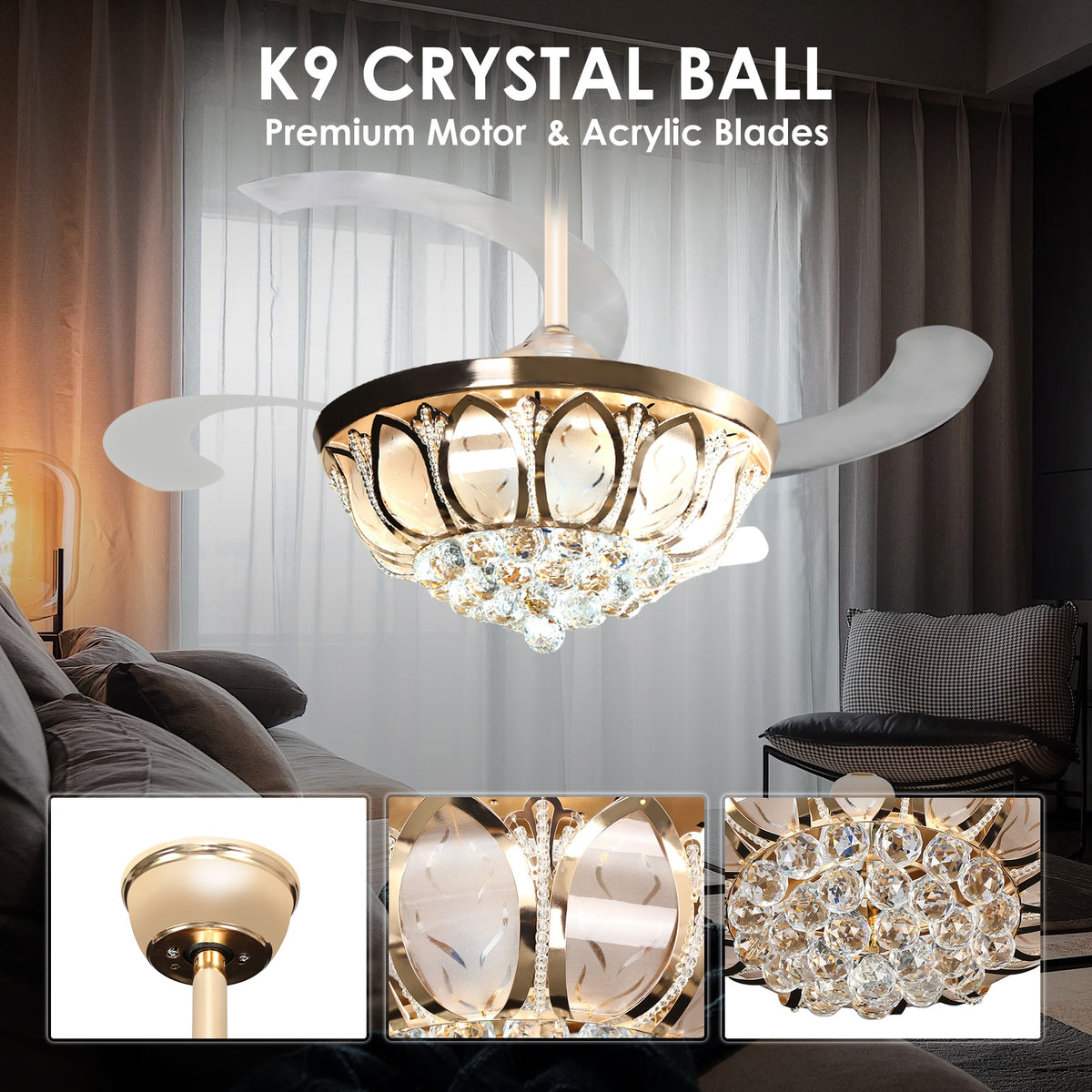 Crystal Ceiling Lamp Fan Light LED Chandelier Pendant Light With 4 Invisible Retractable Blades Remote Control