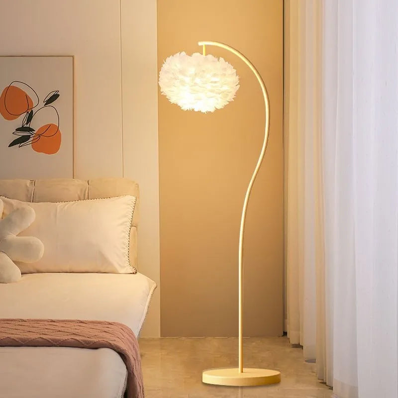 Bohemian Faux Feather Fabric LED Floor Lamp - Dimmable Princess Soft Glow Standing Light Fixture for Girls Room, Bedroom & Nursery Decor