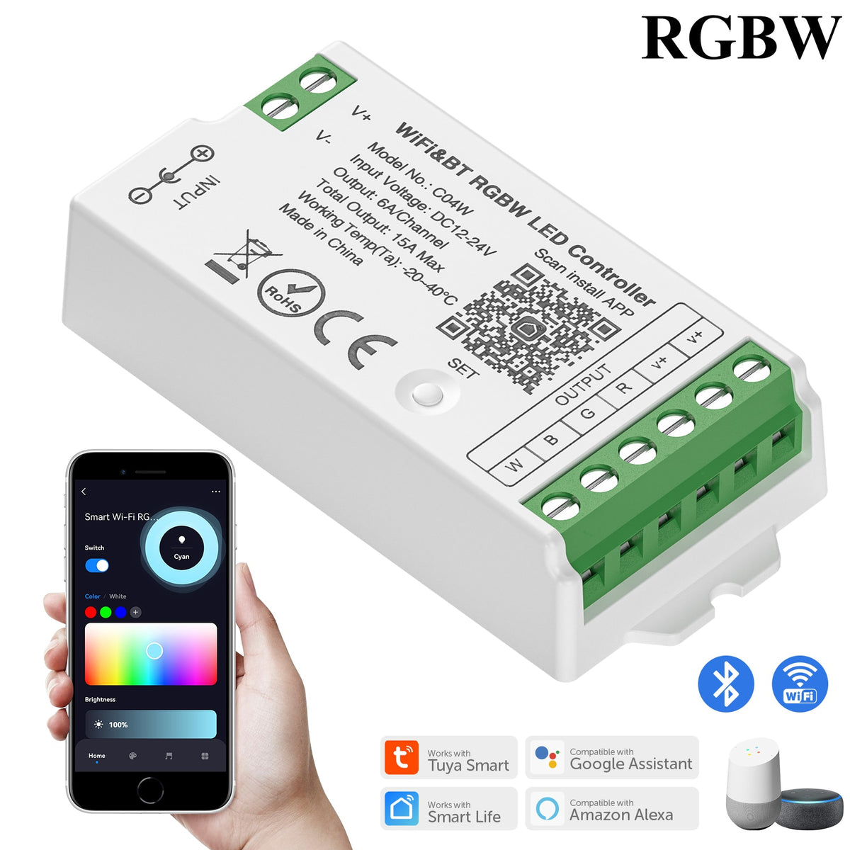 Smart LED Controller, Tuya WiFi, Alexa, Google Home, Bluetooth Voice Control, Dynamic Lighting Control, CCT, RGB, RGBW, Dimmer, iOS, Android, 2.4G, DC12V, DC24V, Intelligent Connectivity, Dynamic Light Modes, User-Friendly Compatibility, Versatile Voltage Support, Effortless Control, Max Load Power, Durable Craftsmanship, Certified Quality, Two-Year Warranty, WiFi and Bluetooth Connection, Lighting Ambiance, Lighting Control Options