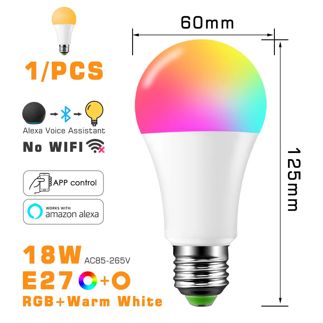 LED Smart Light Bulb, Color Changing Alexa Light, RGB Smart Lamp That Work With Alexa, E27 B22 Base,16 Million Colors, Dimmable