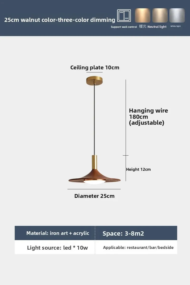 French Cream Style Pendant Light, Walnut Finish UFO Chandelier, Minimalist Retro Lamp for Dining Room, Bedroom, Cafe Bar Decor