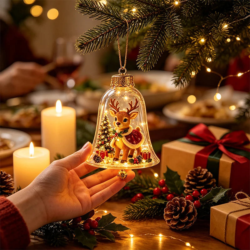 Light Up Christmas Tree Hanging Ornament Transparent Bell Elk Santa Warm Led Light Pendant Acrylic Home Holiday Decoration Gift