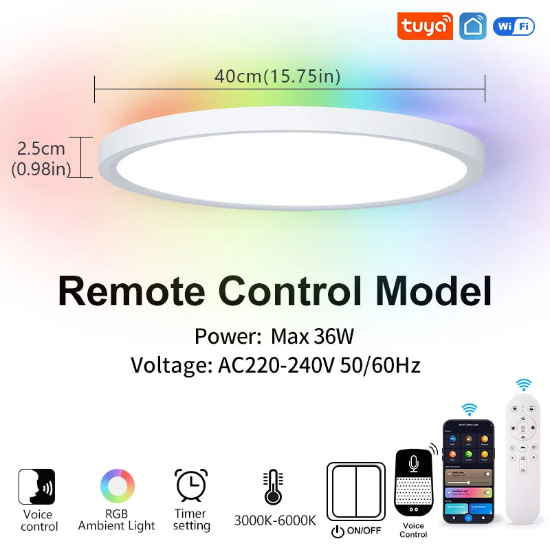 Tuya Ultra-Thin 0.98 Inch Smart LED Ceiling Light - 36W/28W RGB Dimmable Alexa Lamp