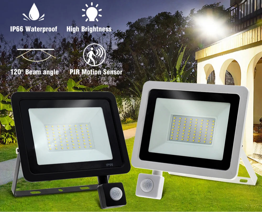 LED Floodlight PIR Motion Sensor White IP66 AC220V Exterior Projector Spotlight SMD2835 Outdoor Lighting Floor Lamp