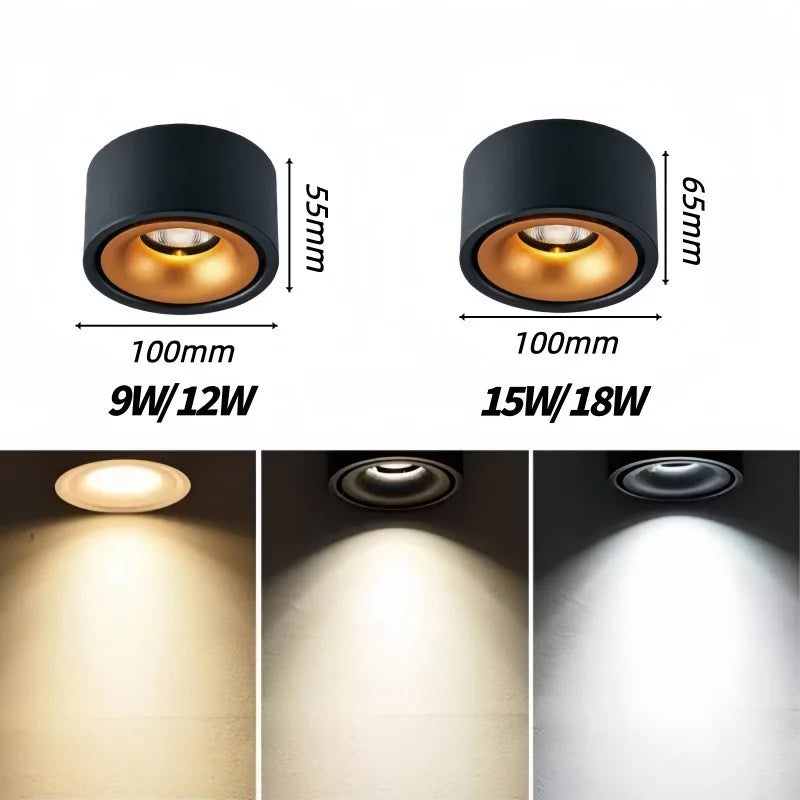 Circular dimmable LED surface mounted spotlight COB non opening ceiling light 9W/12W/15W/18W living room surface mounted tube li