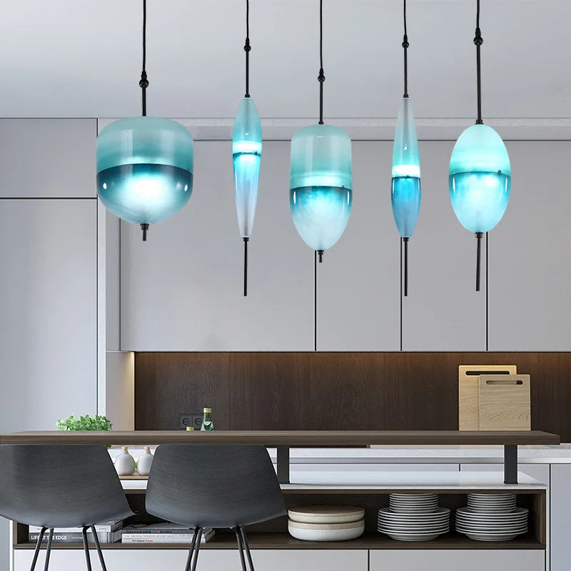 2026 Modern Simple Lake Blue Gradient Glass Pendant Lamp Designer Model Room Bedroom Restaurant Bar LED Chandelier Home Decor Li