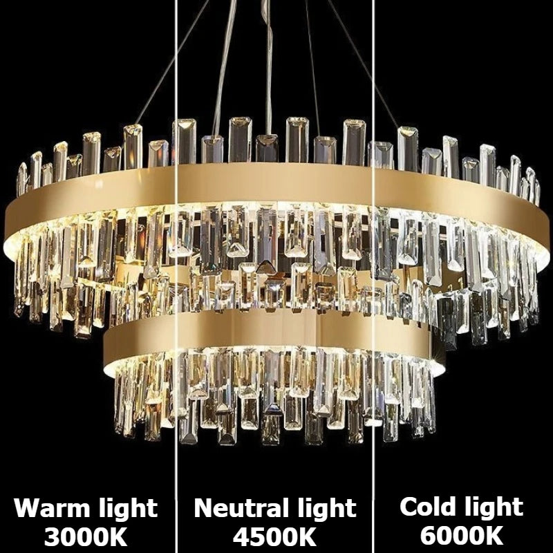 Luxury Double-Layer Round Crystal Chandelier (Golden Finish) - Modern Tiered Ceiling Pendant Light Fixture for Living Room, Bedroom & Dining Room