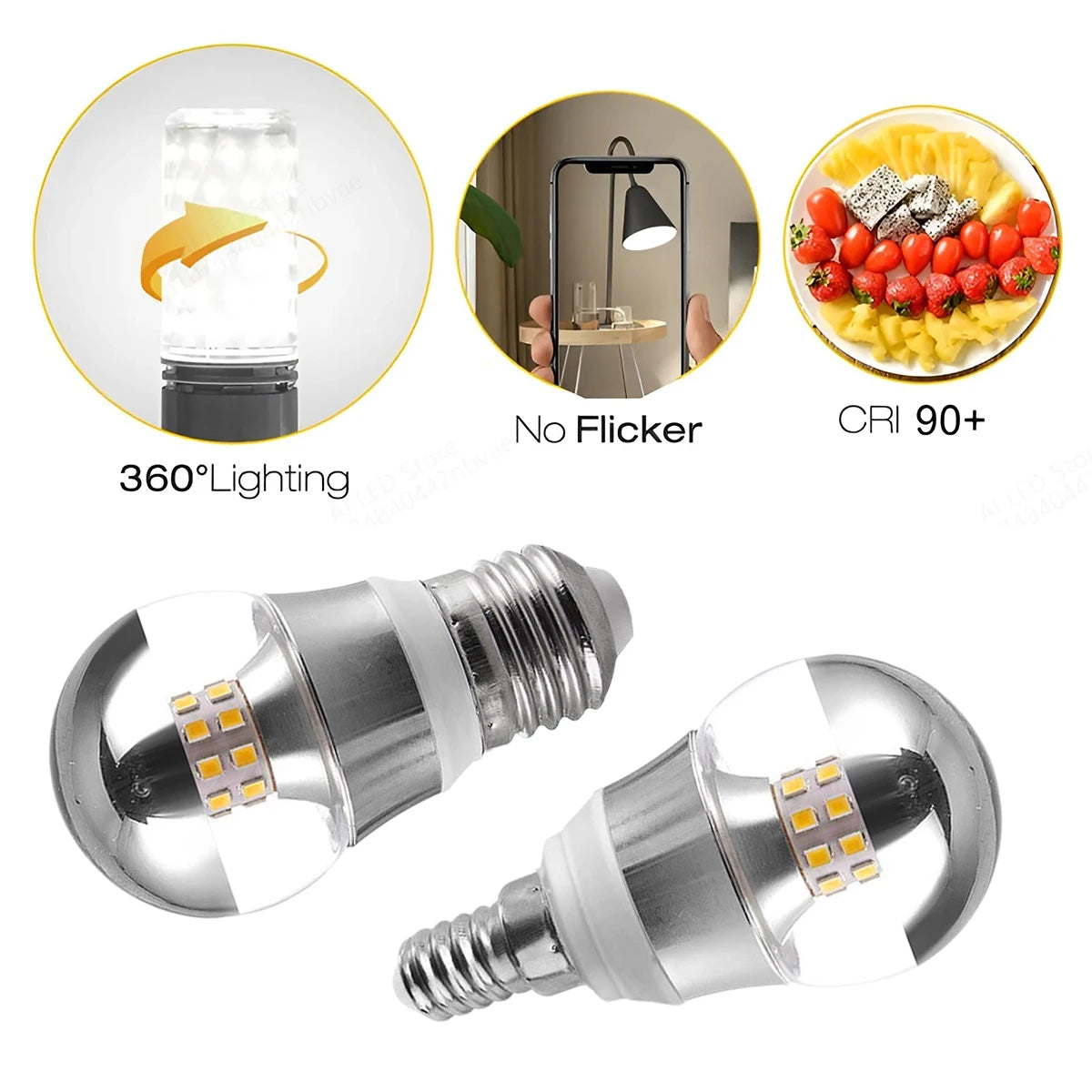 Half Silver Mirror LED Bulb - G45 Crown Silver Globe for Vanities & Pendants