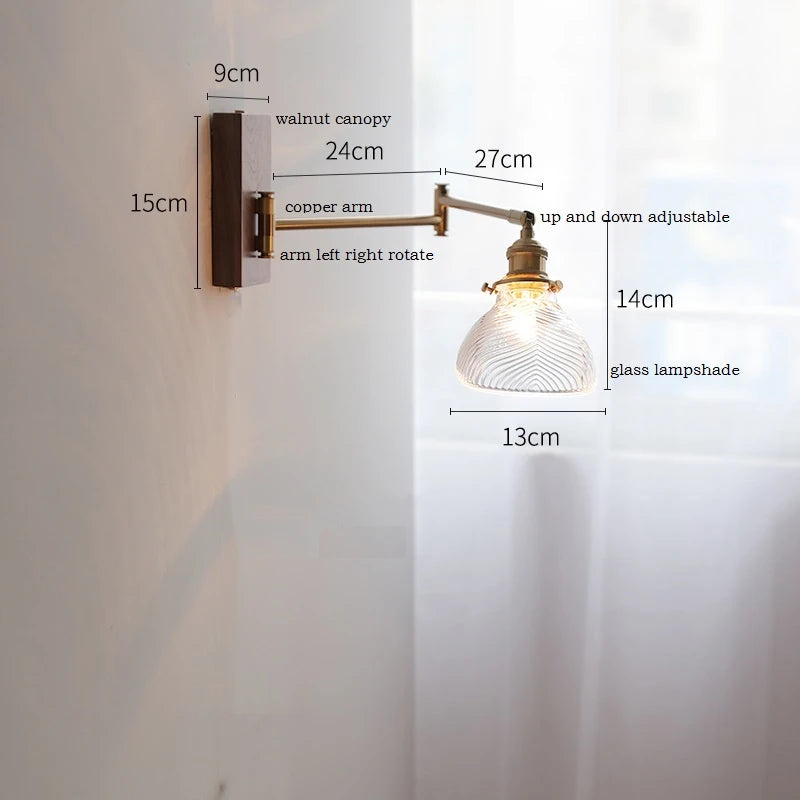 IWHD Pull Chain Switch LED Wall Lamp Beside Bedroom Living Room Light Arm Left Right rotate Wood Canopy Applique Murals Sconce