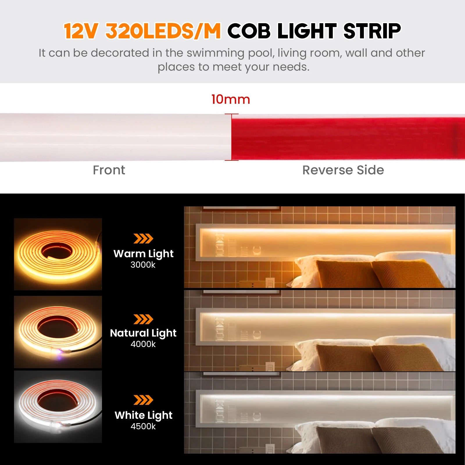 IP68 Waterproof COB LED Strip 12V Solar LED Light High Density 320LEDs/m Flexible COB LED Tape Solar Light For Outdoor Garden