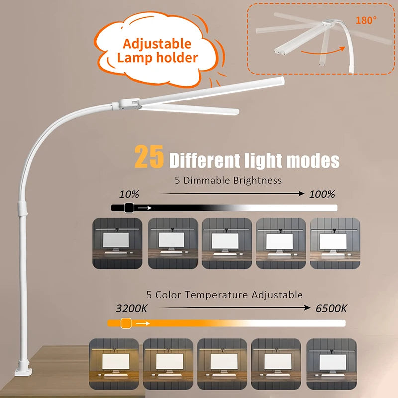 Double Head LED Desk Lamp EU/US Architect Desk Lamps Office 24W Brightest 5Color Modes and 5 Dimmable Eye Protection lamp